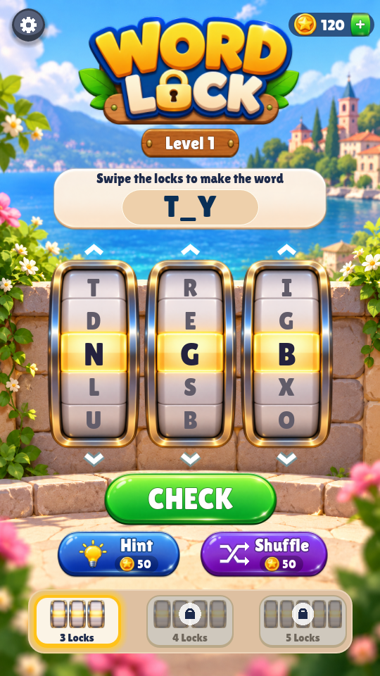 Word Lock game screen showing three letter reels and a partially hidden word